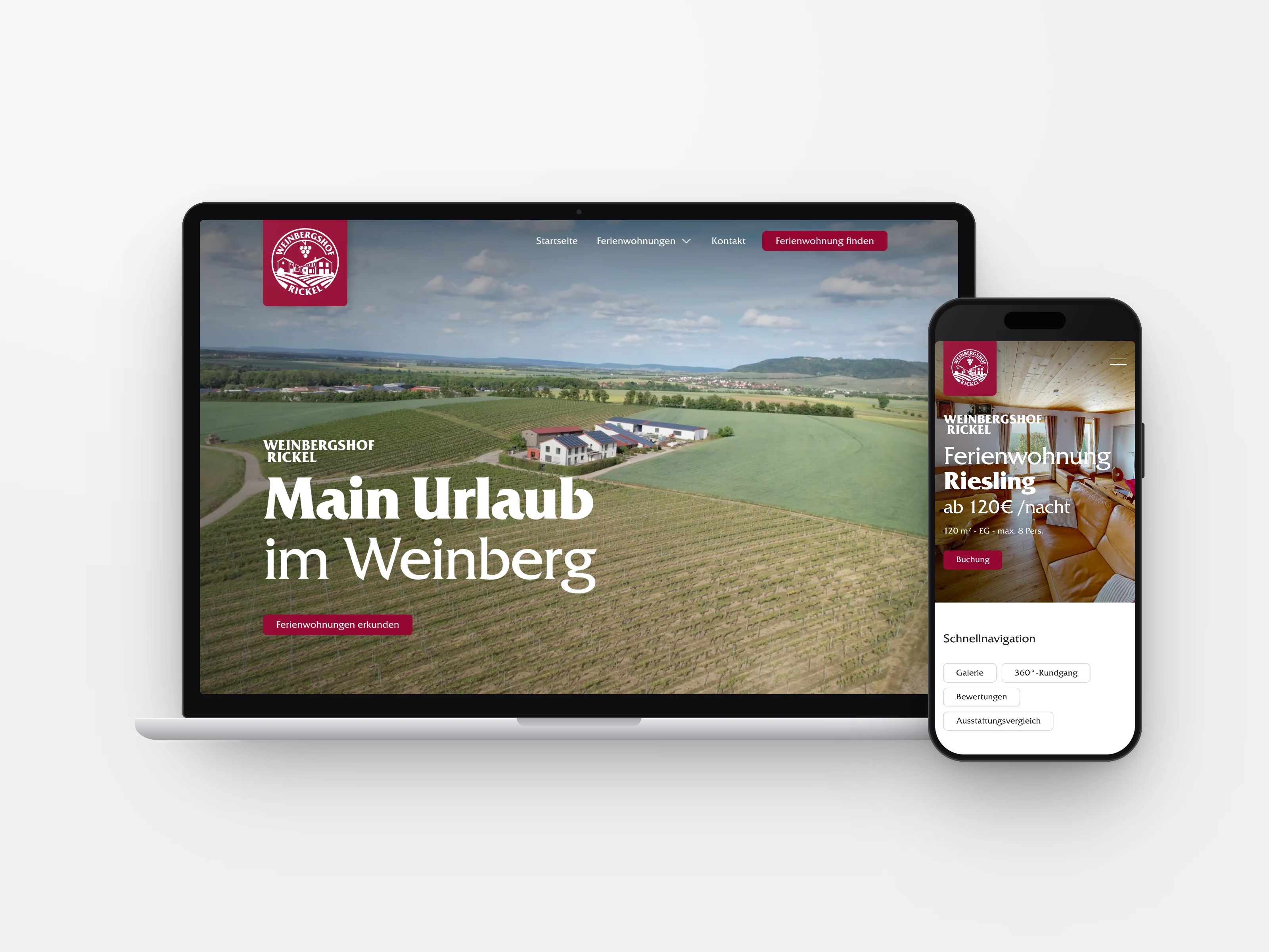 Webseite eines Weinguts mit Ferienwohnungen auf Laptop und Smartphone